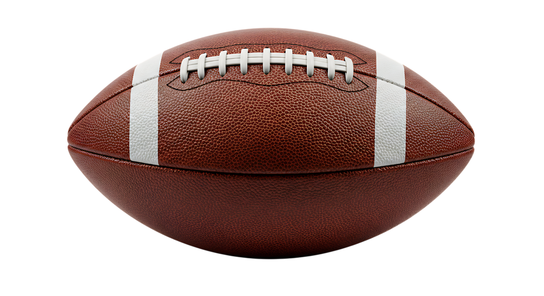 Close-up of an American football isolated on transparent background, showcasing detailed texture, white stripes, and stitching for sports designs. png