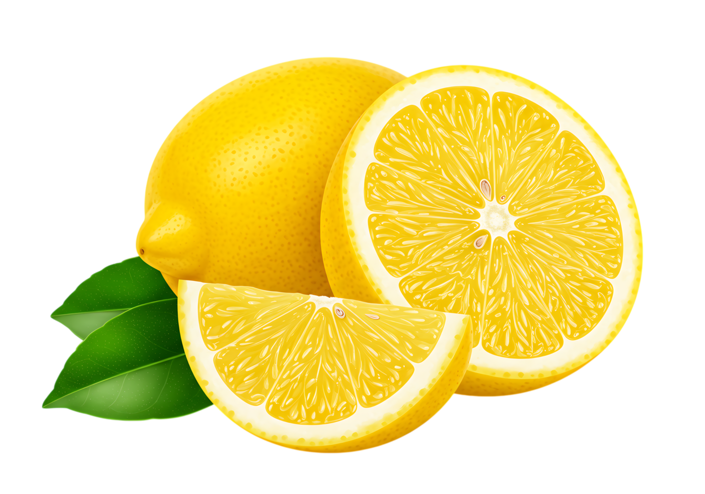 Bright yellow whole and sliced lemons with green leaves isolated on transparent background for food and citrus designs. png