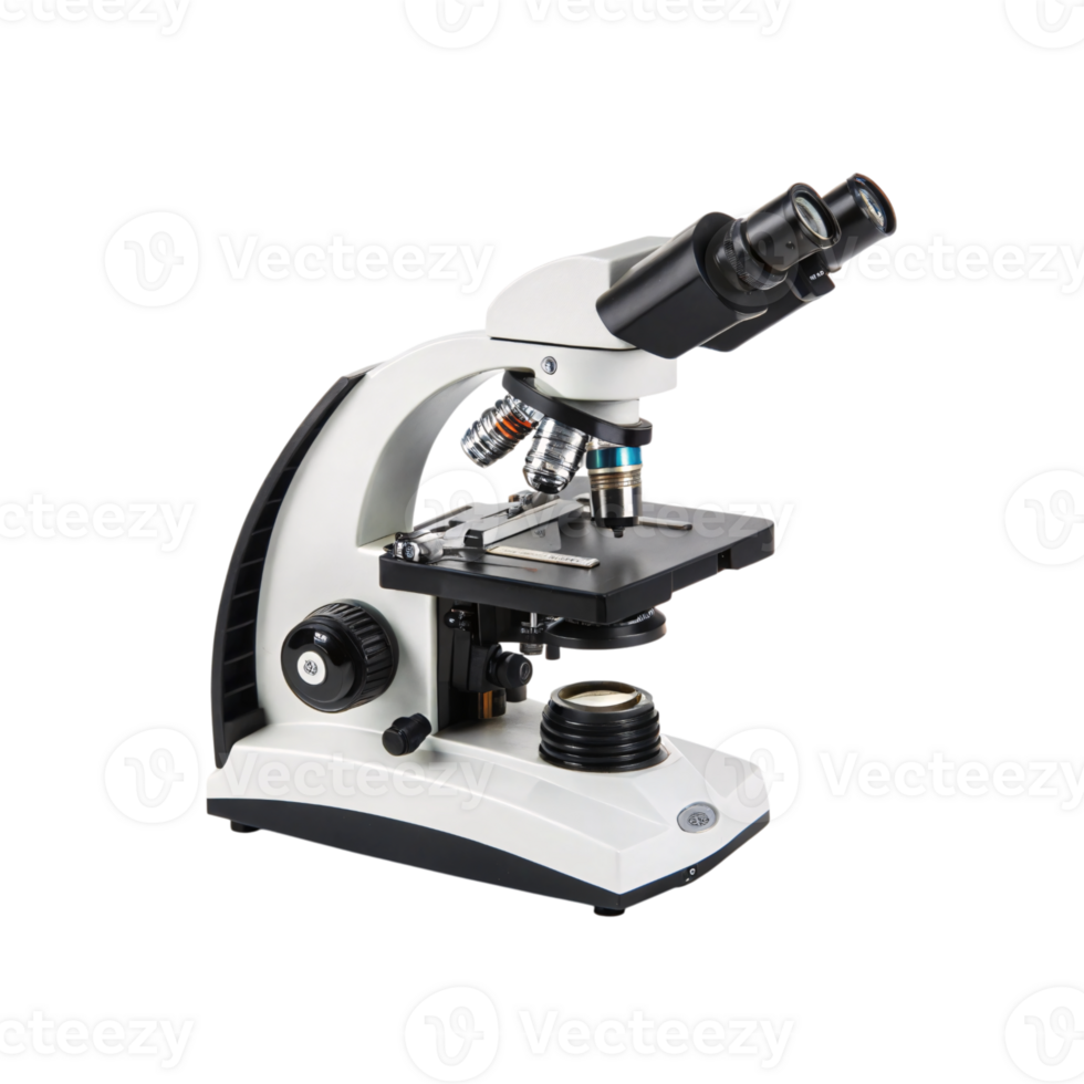 A modern compound microscope with adjustable components. png