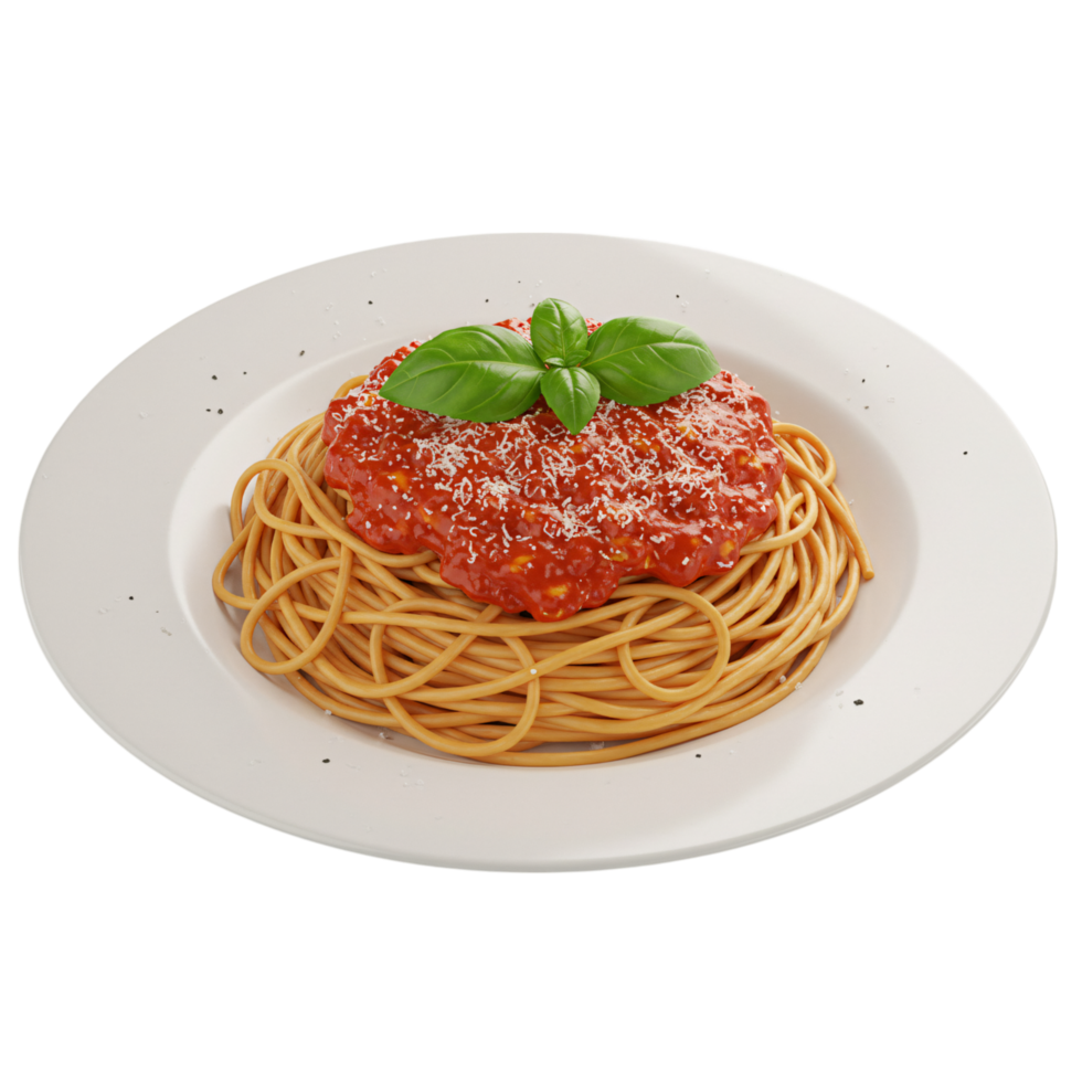 Delicious plate of spaghetti with tomato sauce, basil, and parmesan served on a white dish, classic Italian cuisine ideal for food concepts. png