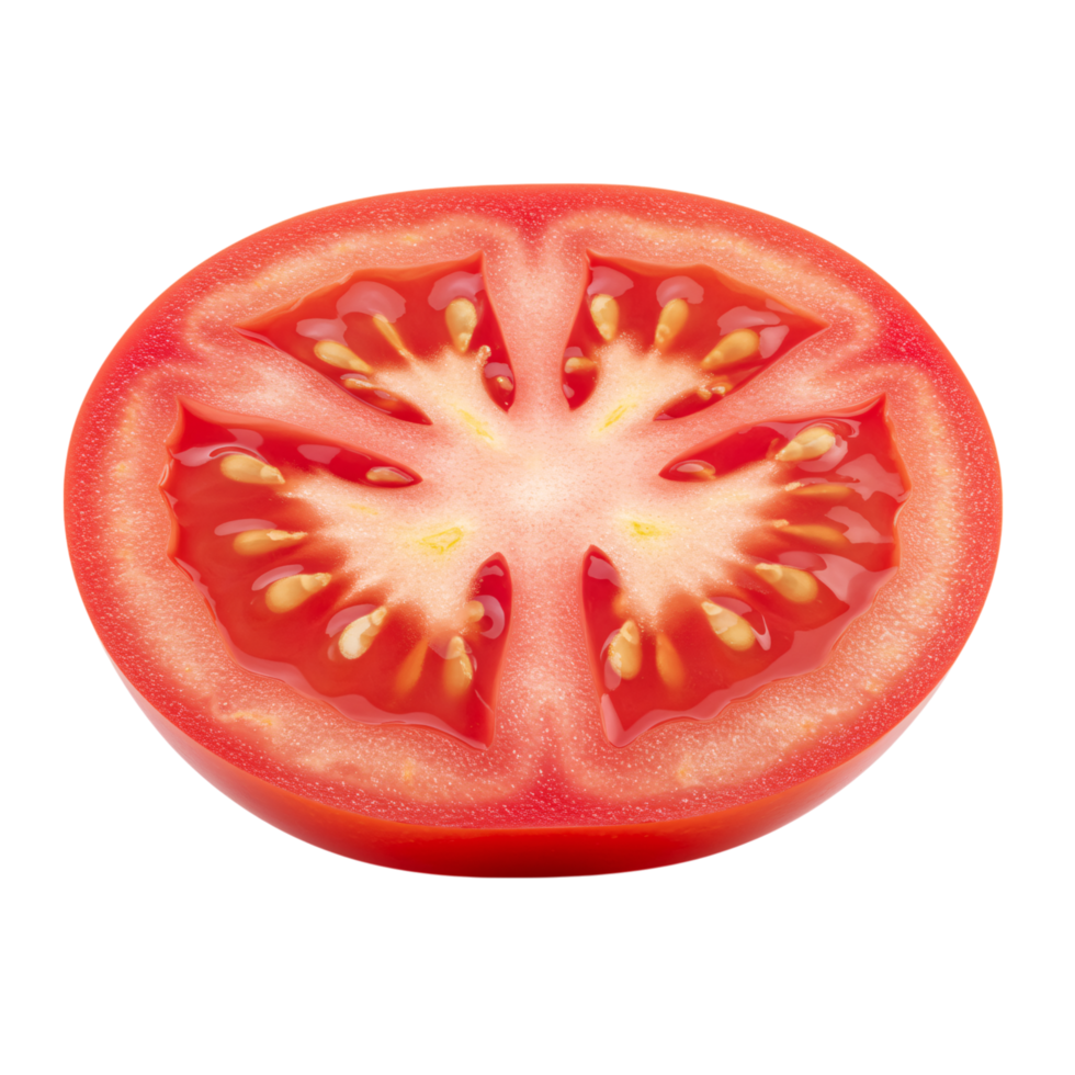 Fresh juicy tomato slice isolated on transparent background. Vibrant red color, visible seeds and pulp, perfect for food design or cooking concept visuals. png