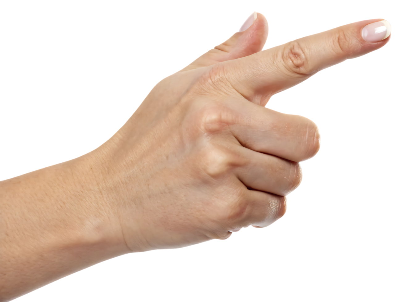 Close-up of a human hand pointing with index finger, isolated on transparent background, perfect for gesture, direction, and communication concepts. png