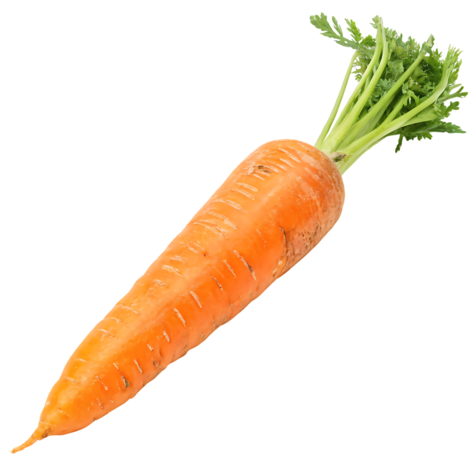 Fresh orange carrot with green leaves isolated on transparent background, representing healthy food, organic farming, and natural nutrition. png
