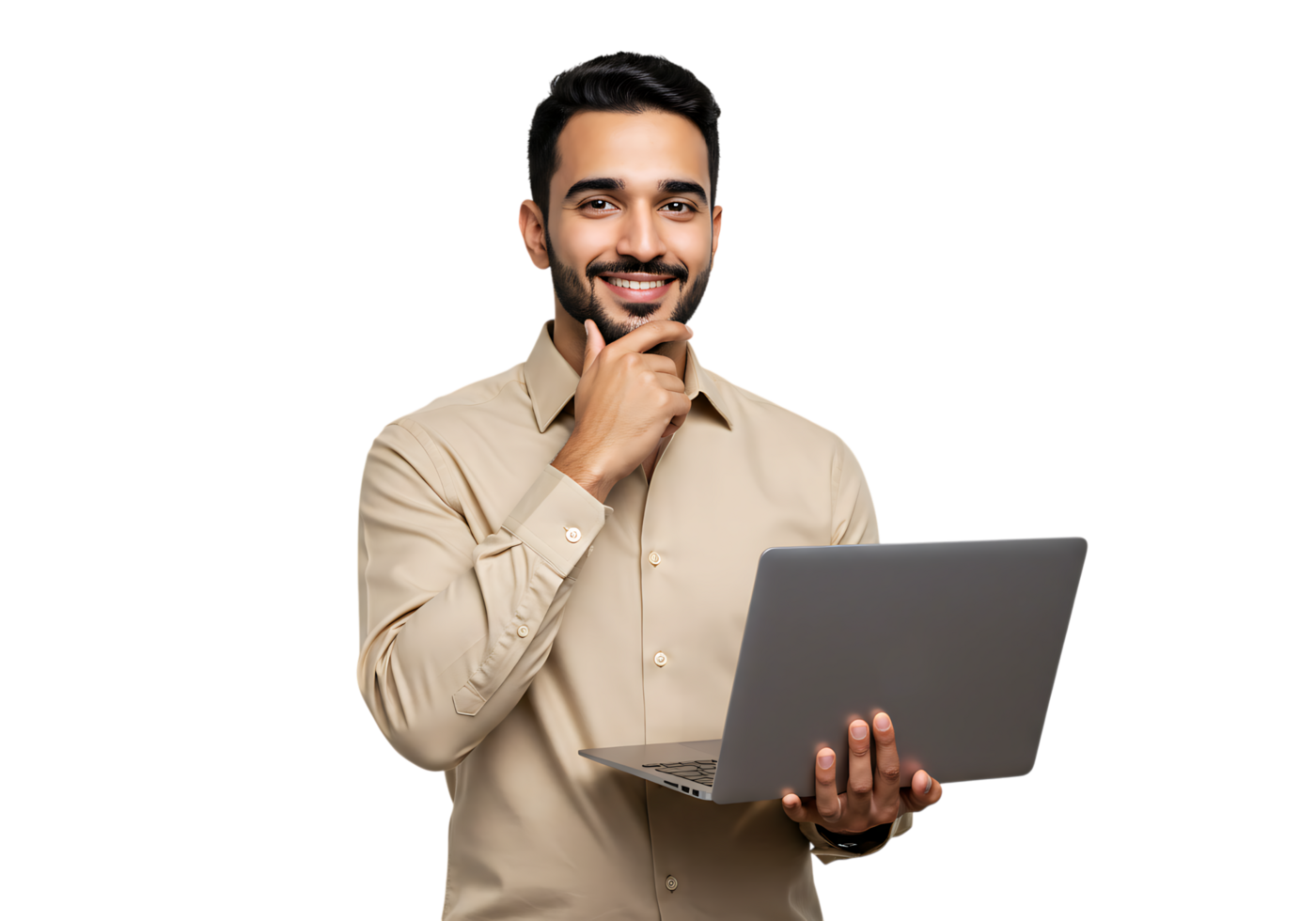 Cheerful young man smiling confidently while holding a laptop, isolated on transparent background for business or tech themes png