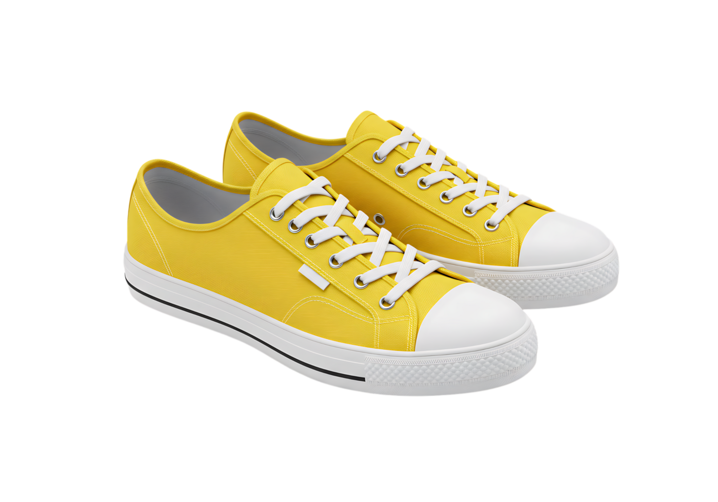 Pair of vibrant yellow sneakers with white soles and laces, isolated on transparent background. Casual and stylish footwear for daily wear. png