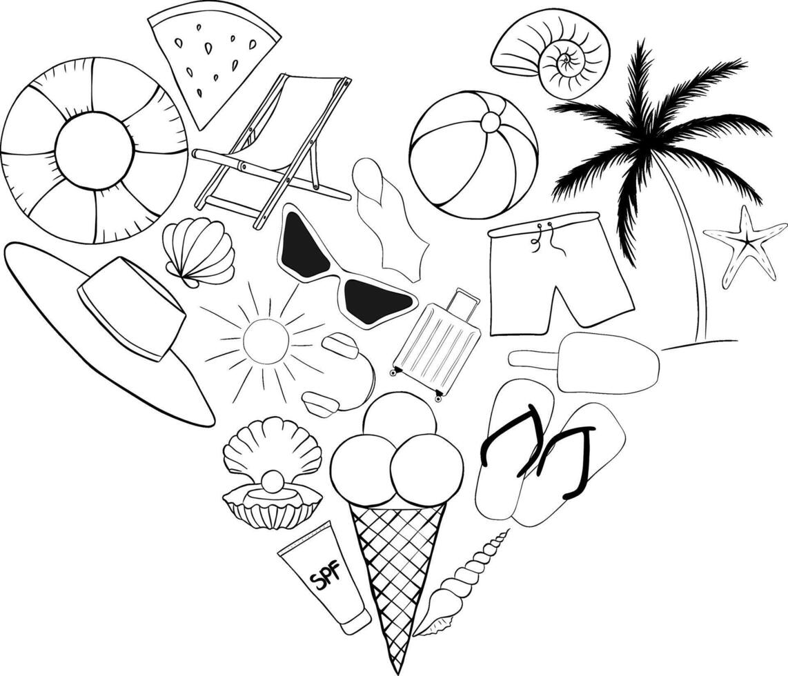 Sea beach essentials heart shape composition. graphic line ink illustration. Banner, poster, wrapping paper, sticker, print, modern textile design. vector