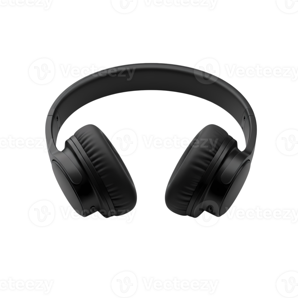 Modern black over-ear wireless headphones isolated on transparent background, suitable for audio, tech, or digital product presentations. png