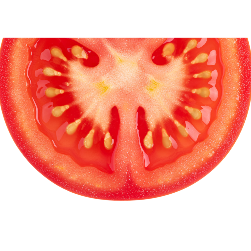 Bright juicy tomato slice showing seeds and pulp in high resolution on a transparent background png