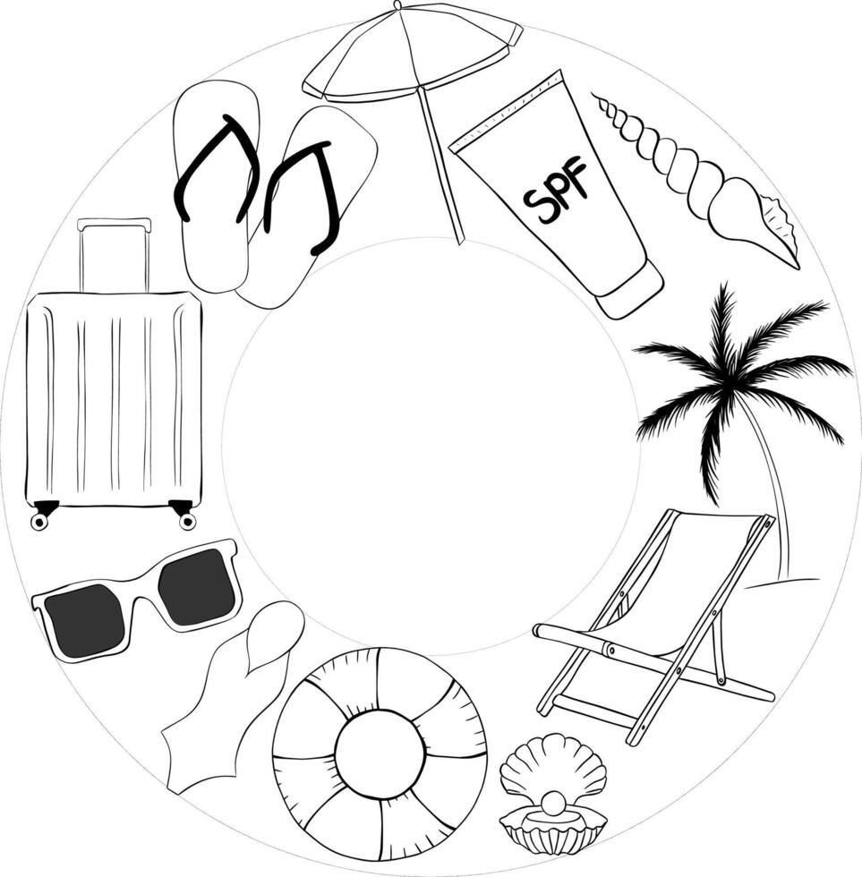 Beach vacation circle round frame template for text. graphic line ink illustration. Black silhouette with place for your text on white background. for banner, poster, brochure, wallpaper. vector