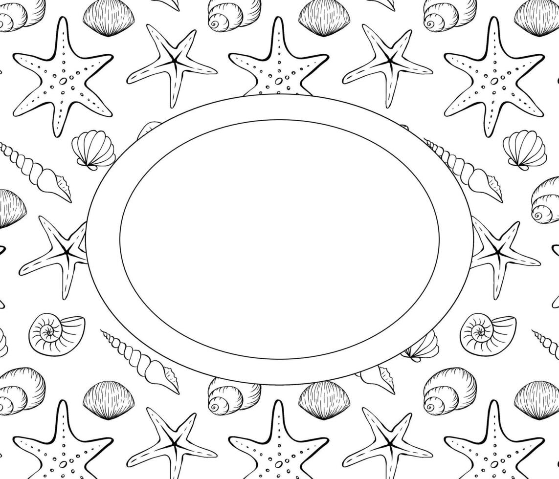 Oval frame with different sea shells. Hand-drawn ink illustration. Black and white. Banner, poster, wrapping paper, sticker, print, modern textile design. vector