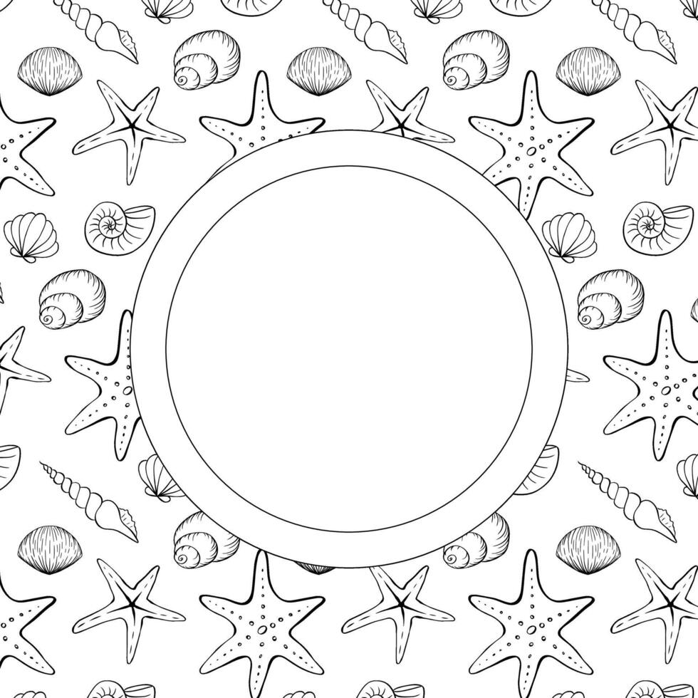 Seashell circle frame template for text. graphic line ink illustration free hand drawing, sketch style. Banner, poster, wrapping paper, sticker, print, modern textile design. vector