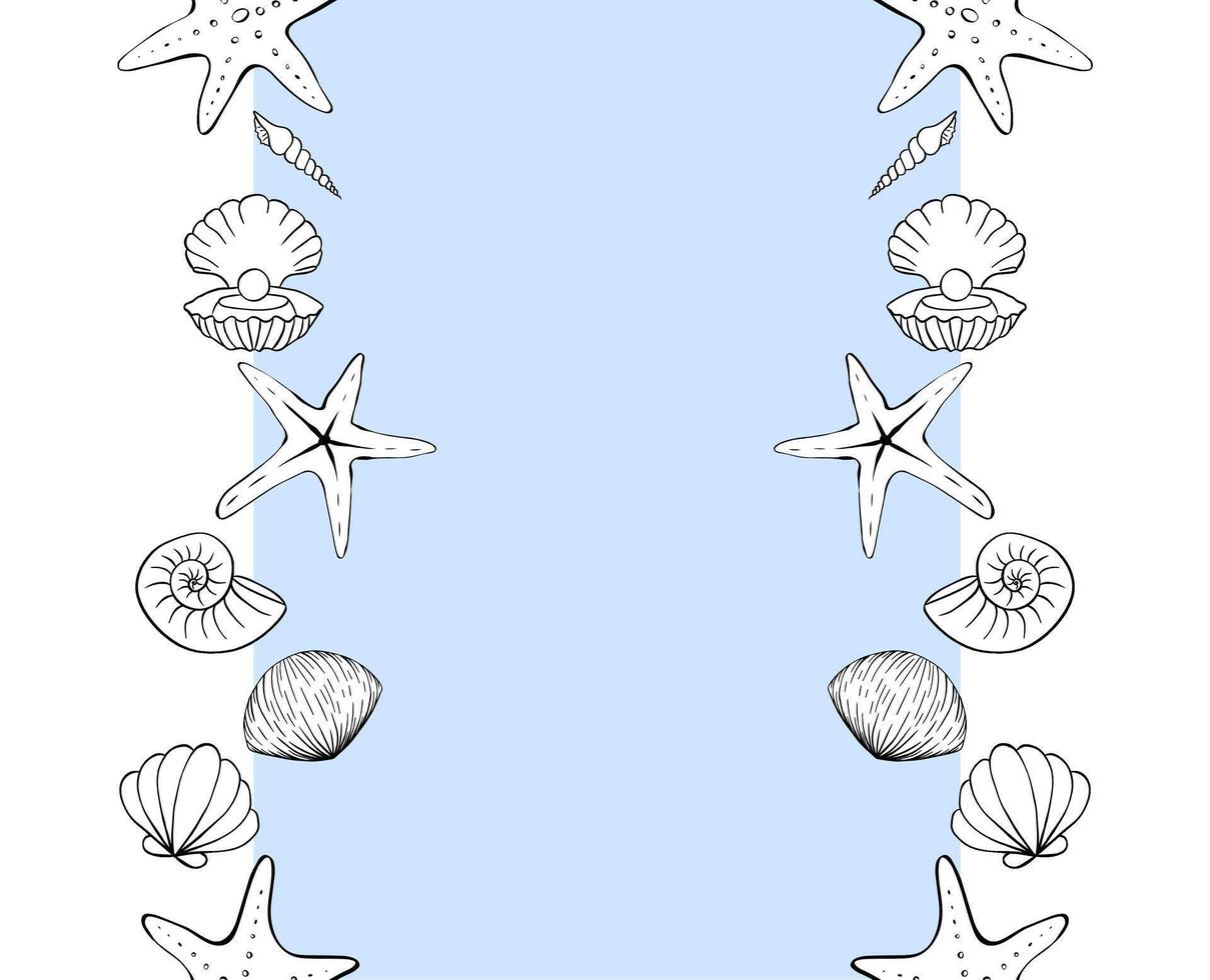Seashell frame seamless vertical border template for text. graphic line ink illustration. round frame free hand drawing, sketch style For logo, web, package, sticker. vector