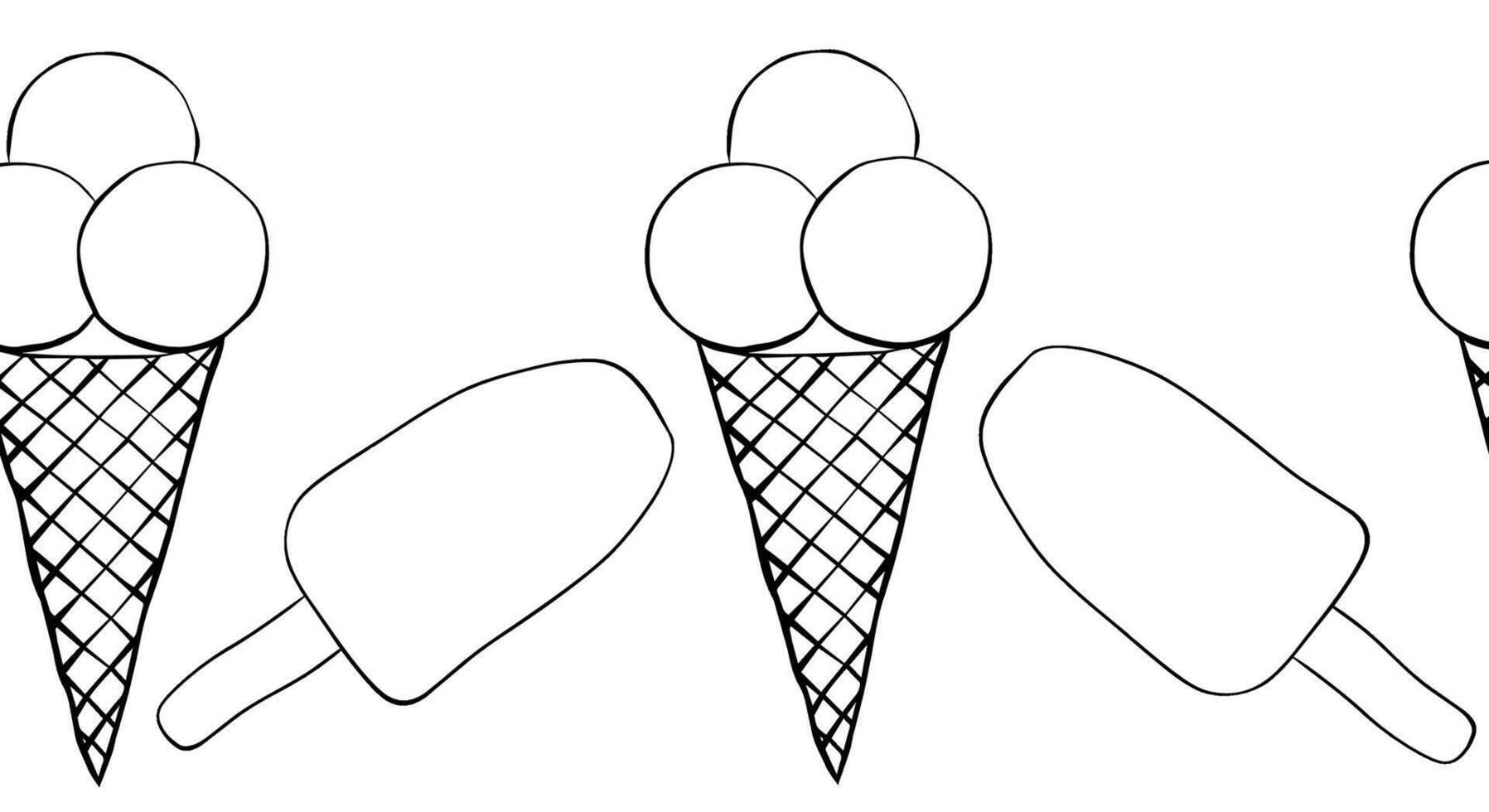 Ice cream horizontal seamless border. graphic line ink pattern frame template illustration. Banner, poster, wrapping paper, sticker, print, modern textile design. vector