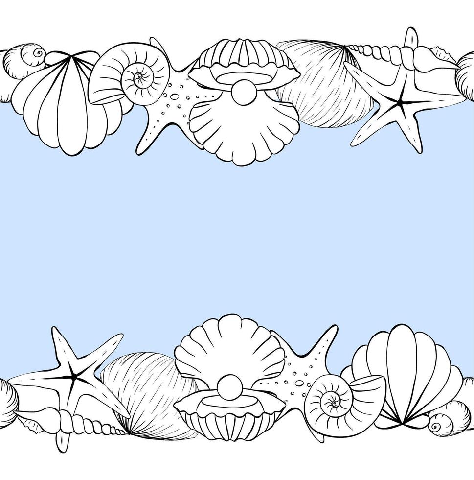 Seashell frame seamless horizontal border template for text. graphic line ink illustration. For poster, flyer, banner, invitation, social media, party or sale vector