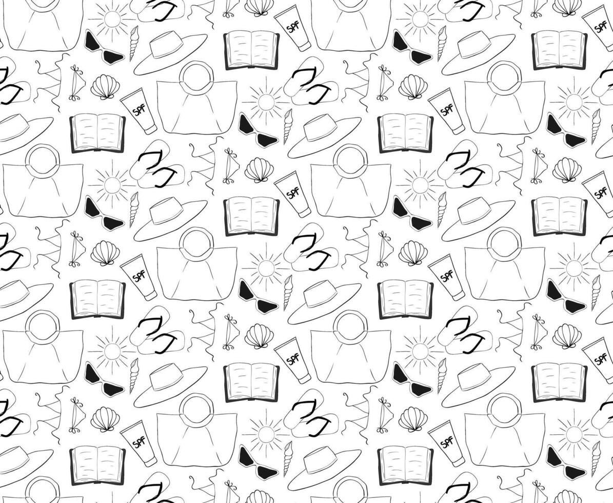 beach essentials seamless pattern. graphic line ink illustration of book, sunglasses, bag, seashells, sunscreen cream. background for banners, print for fabric, labels, t-shirt printing. vector