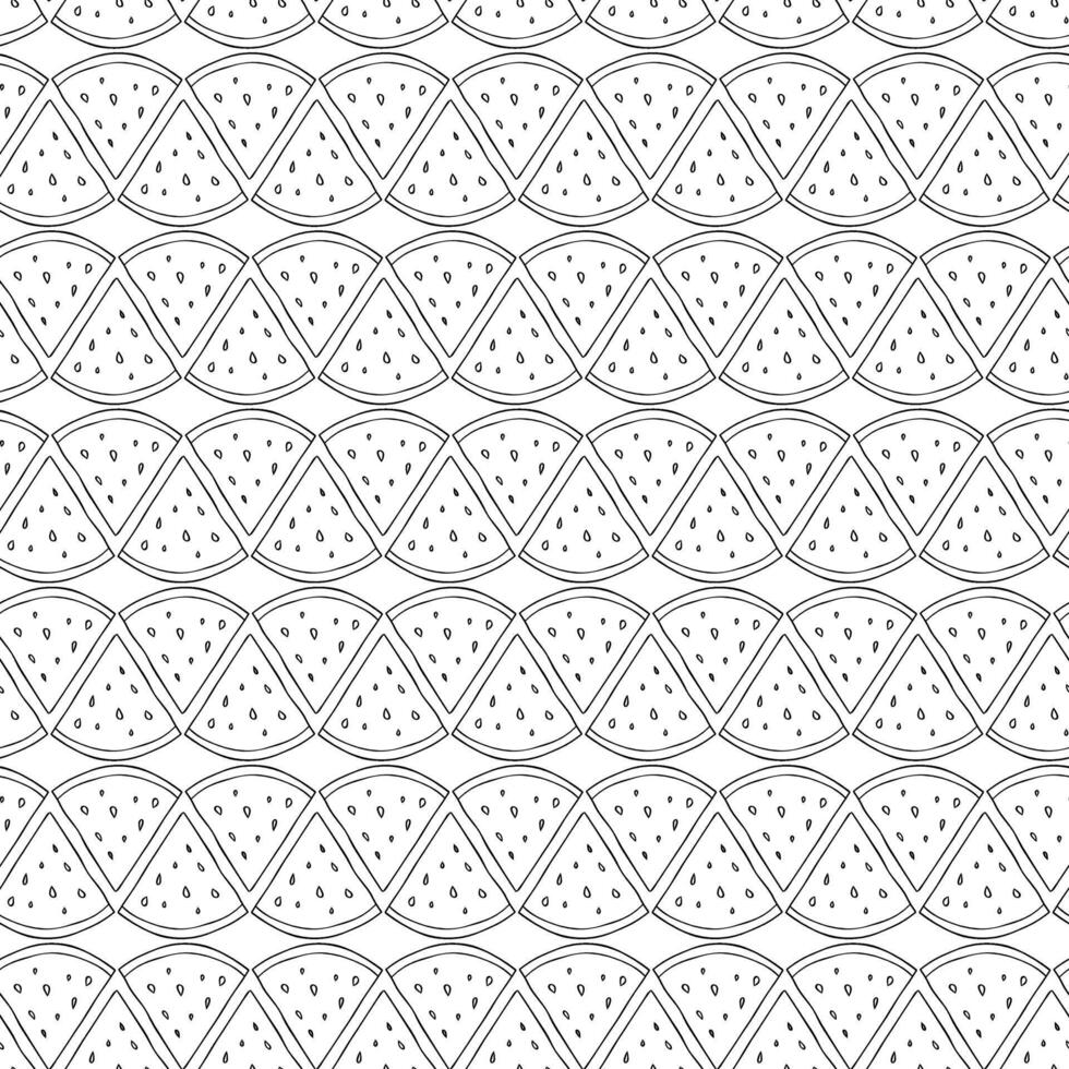 Seamless pattern with watermelon slices. graphic line ink illustration. Summer watermelon background. For logo, web, package, sticker. Coloring Sheet for Stress Relief and Relaxation vector