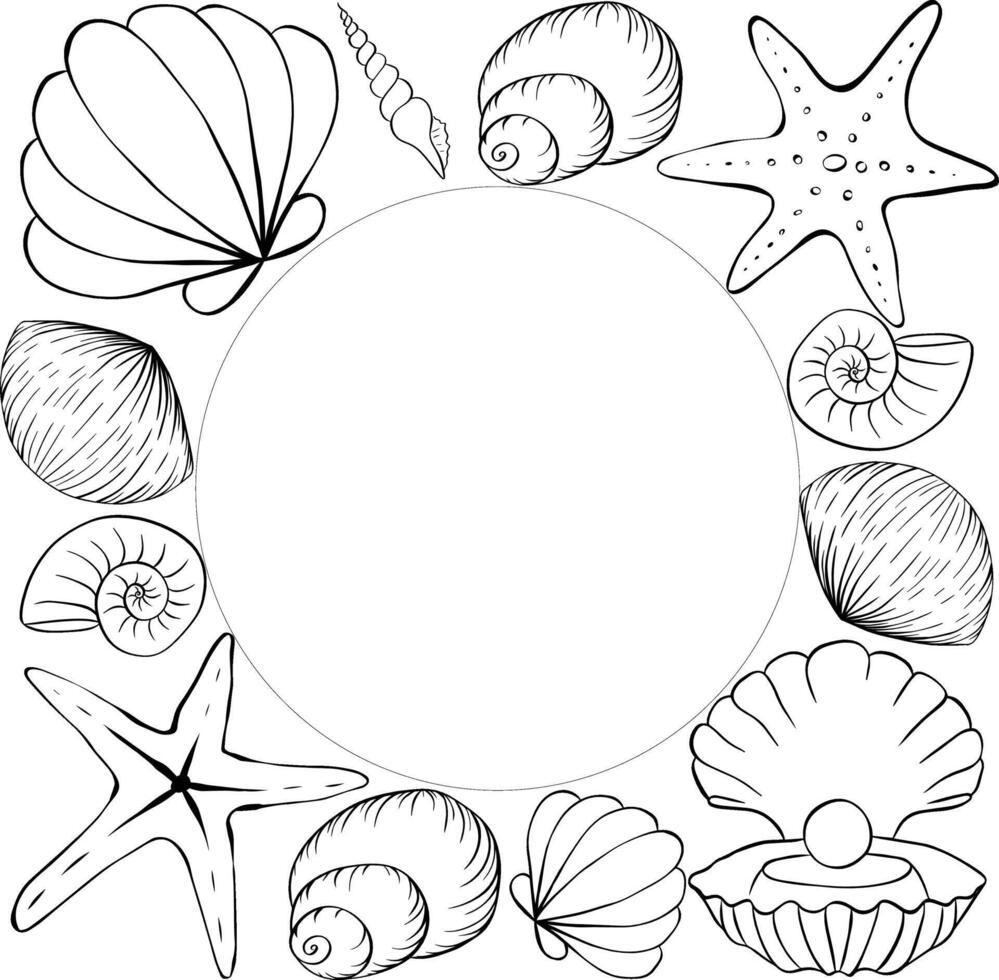 Seashells, starfish circle round frame template for text. graphic line ink illustration. Marine creatures and shells form a square frame. for package, cosmetic, textile, cards. vector