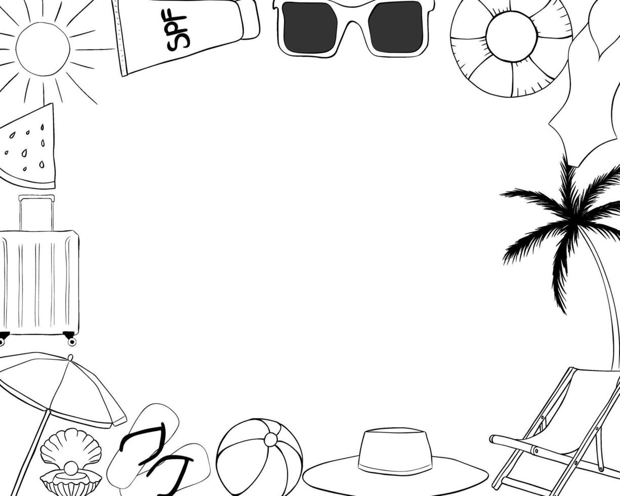 Beach vacation rectangle frame template for text. graphic line ink illustration. Sample poster, party invitation, holiday banner, postcard. Design for package, cosmetic, textile, cards. vector