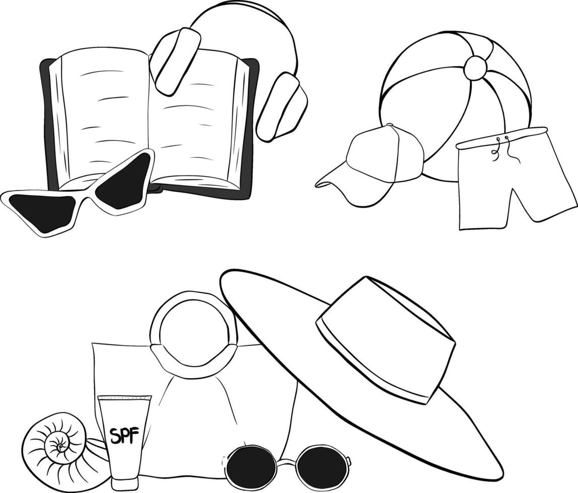 Beach essentials composition set. graphic line ink isolated. book, earphones, sunglasses, beach bag, shorts, cap, ball. Banner, poster, wrapping paper, sticker, print, modern textile design. vector