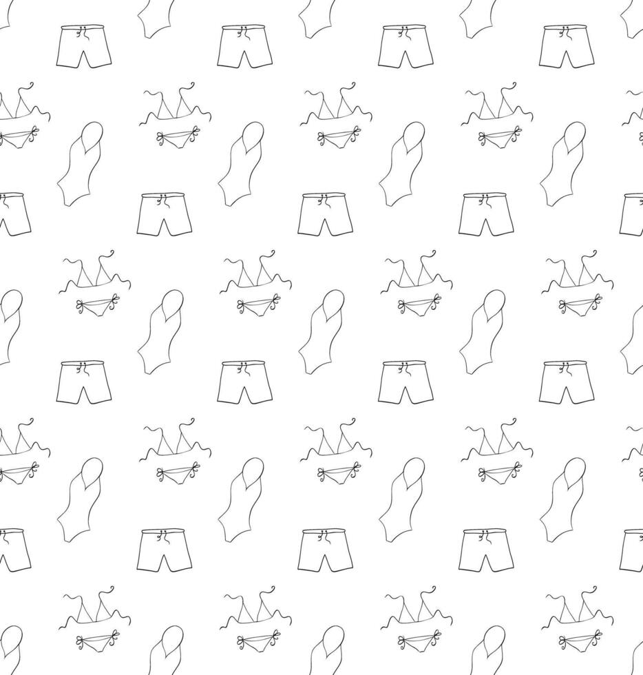 Swimsuit and shorts seamless pattern. graphic line ink illustration. Banner, poster, wrapping paper, sticker, print, modern textile design. For logo, web, package, sticker. vector