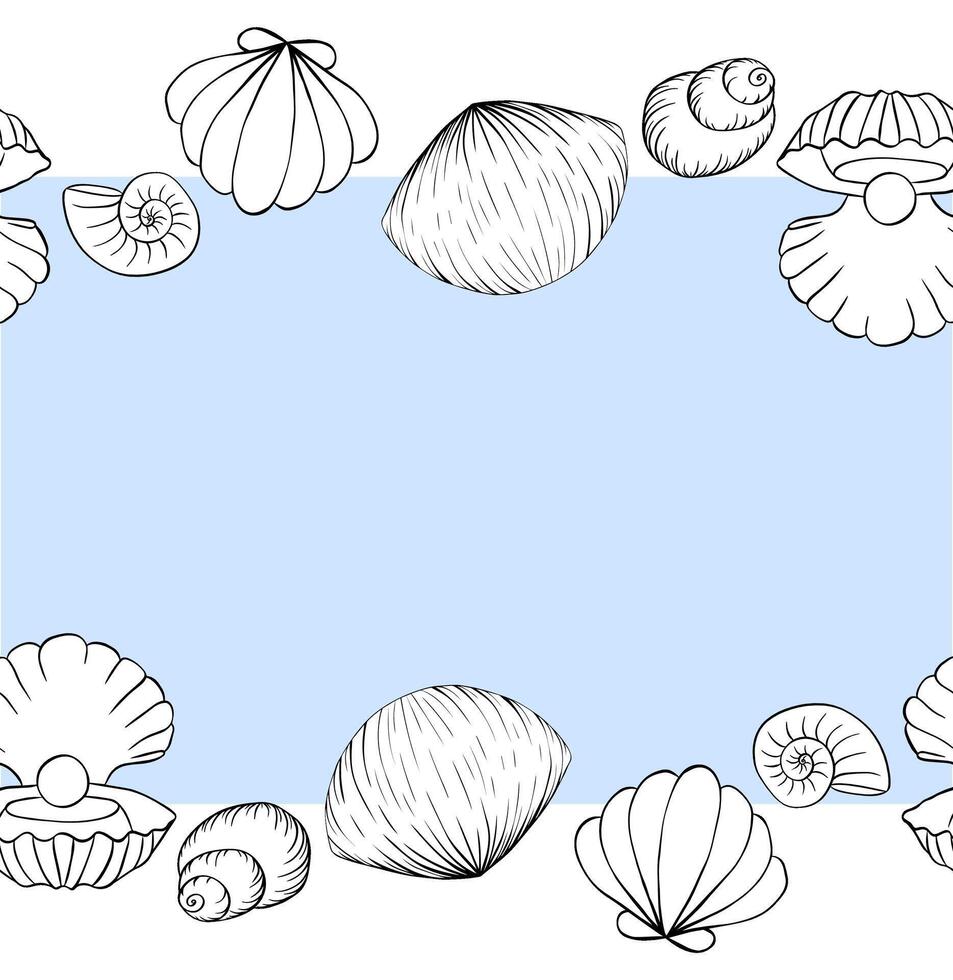 Seashell frame seamless horizontal border template for text. graphic line ink illustration. round frame free hand drawing, sketch style For logo, web, package, sticker. vector