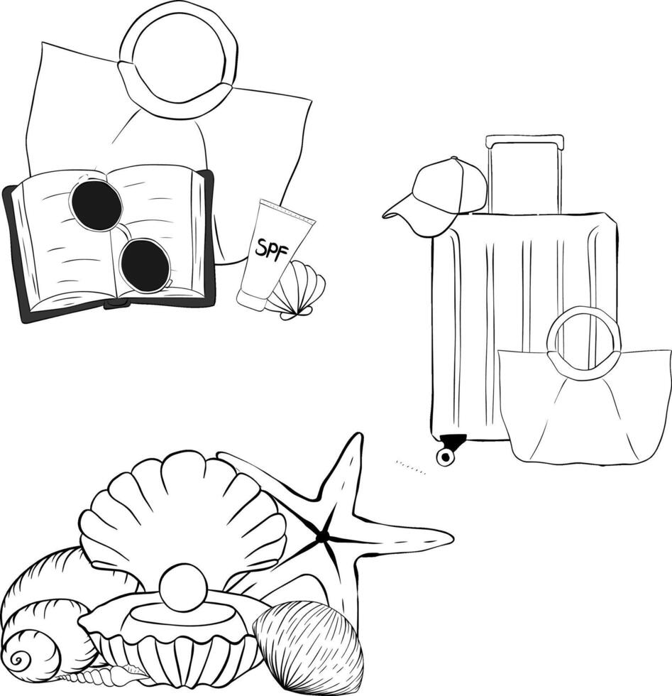Beach essentials composition set. graphic line ink isolated. bad with book, sunglasses, seashells, suitcase and cap. illustration for package, vacation design, fabric and textile. vector