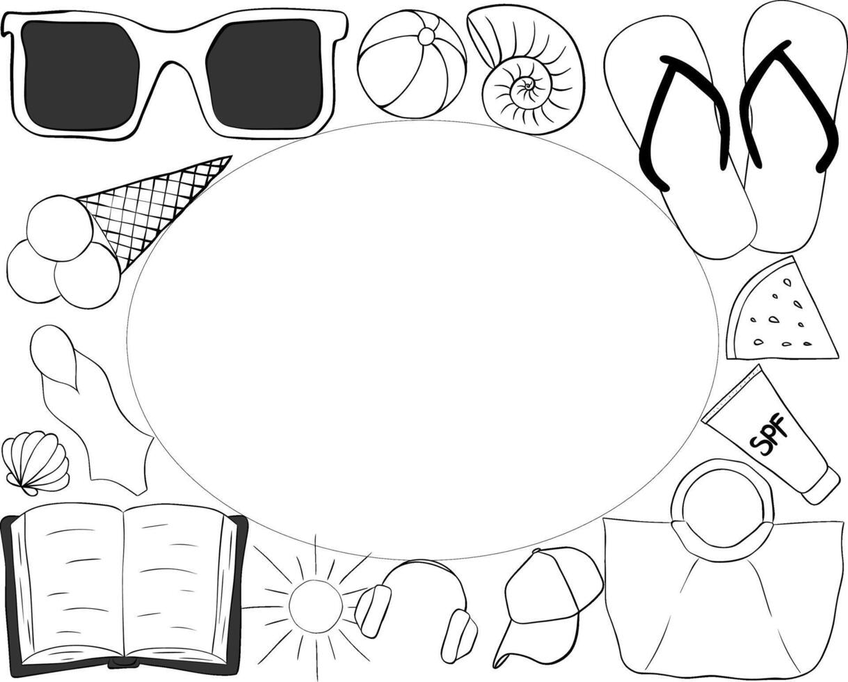 Beach essentials Oval rectangle frame template for text. graphic line ink illustration. template for card, cover, poster, social media post, banner. Coloring Sheet for Stress Relief vector