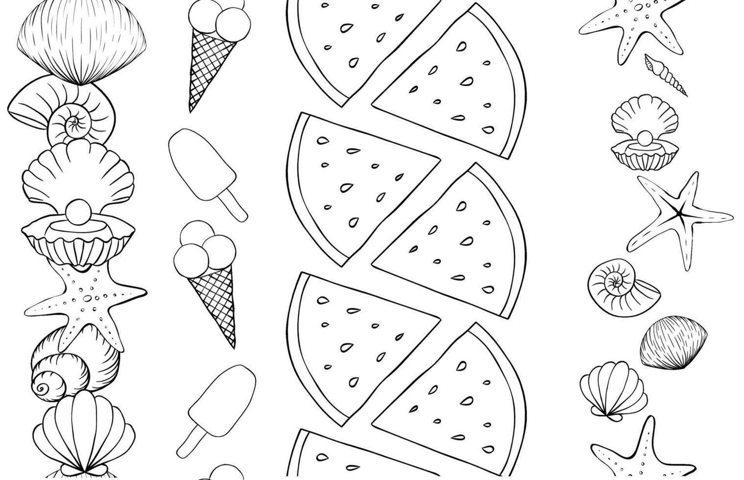 Ice Cream, watermelon slices, seashells seamless vertical border set. graphic line ink illustration. For vacation poster, beach party invitation, ad, sale promotion, print for t-shirt vector