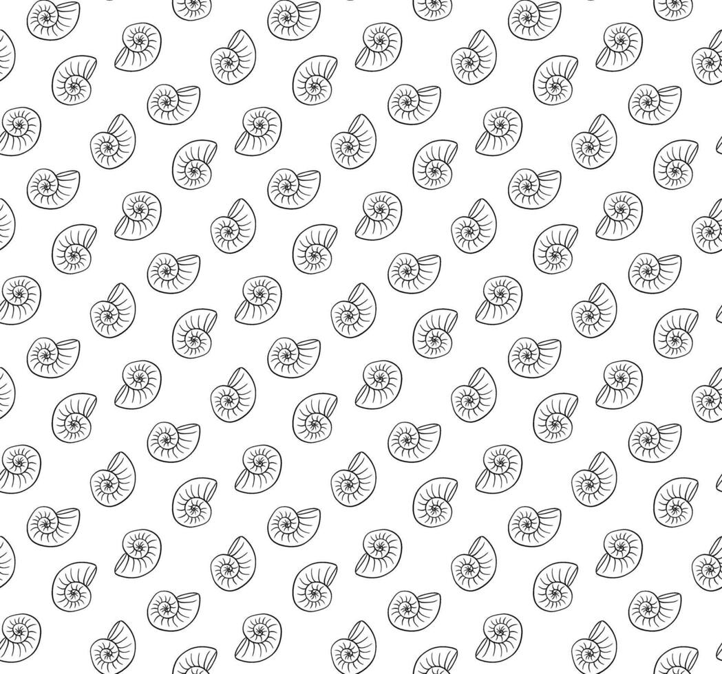 Spiral Sea shells seamless pattern. graphic line ink Summer beach hand-drawn doodle seaside print. Ocean fashion textile monochrome. Seashore elements design for fabrics, wallpaper vector