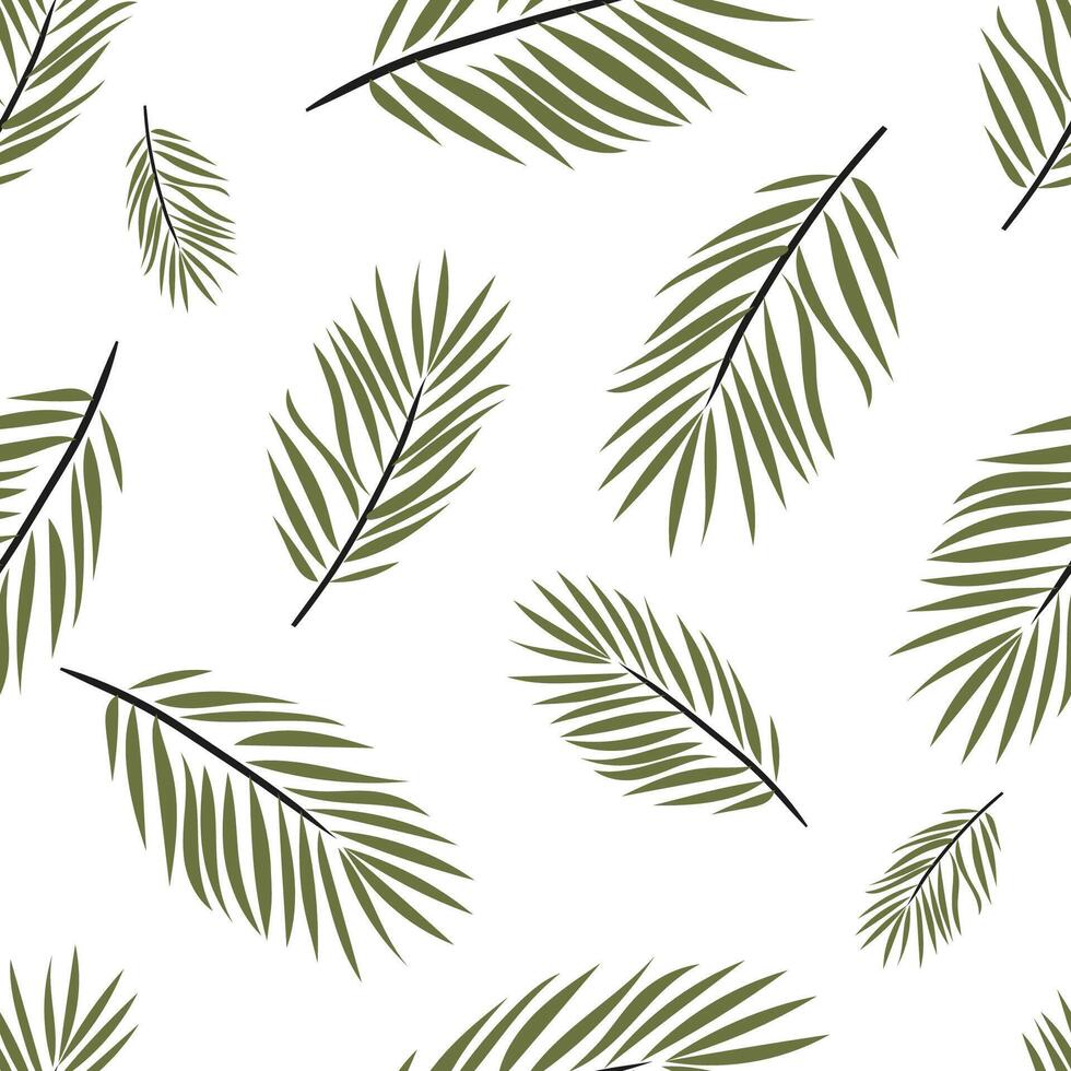 Seamless pattern with palm leaves in green on white background. Tropical botanical texture for summer fabric, wrapping paper, wallpaper or web design. Flat minimal . vector