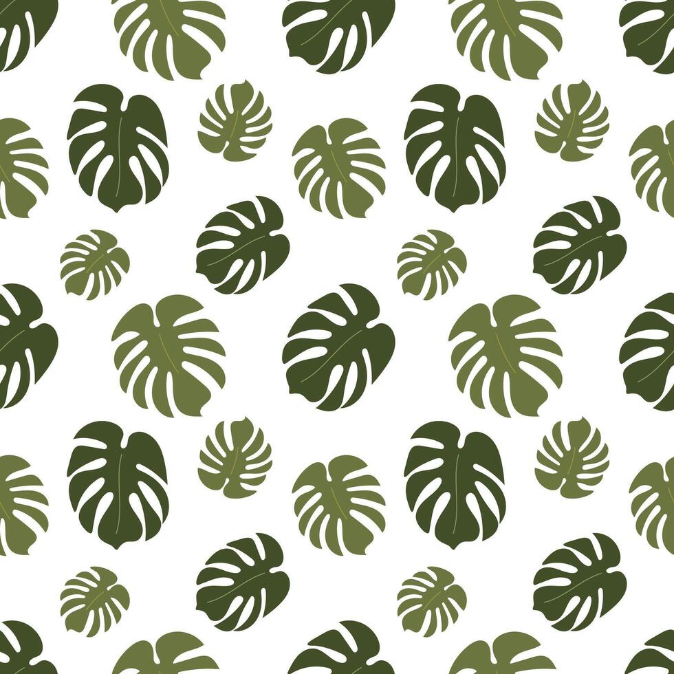 Seamless tropical pattern with green monstera leaves on white background. Repeating botanical texture. Minimal flat design for summer decor, wrapping, fabric or wallpaper. vector