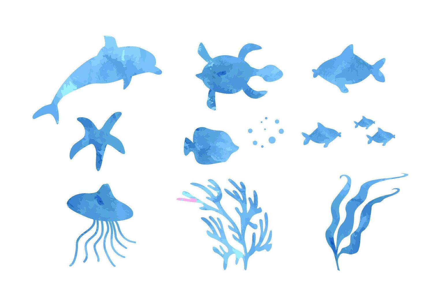Set silhouettes of underwater world. Watercolor silhouettes vector