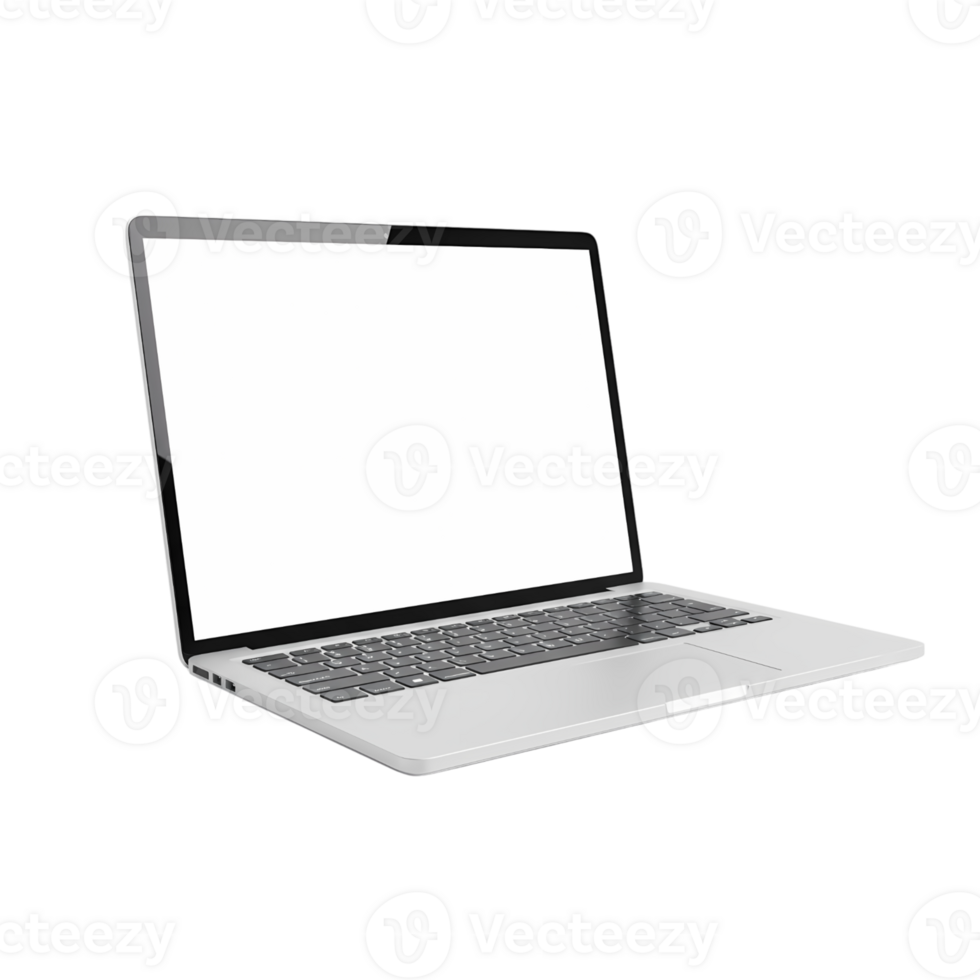Sleek open laptop with blank white screen on transparent background, perfect for digital mockups, presentations, or web design purposes. png
