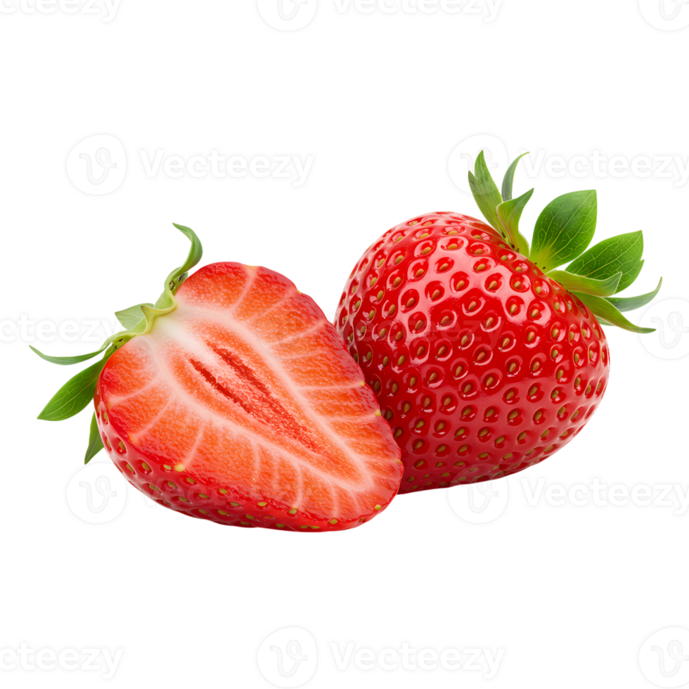Fresh red strawberries with seeds and green leaves, one sliced open, realistic juicy fruit on transparent background for food design and summer themes. png