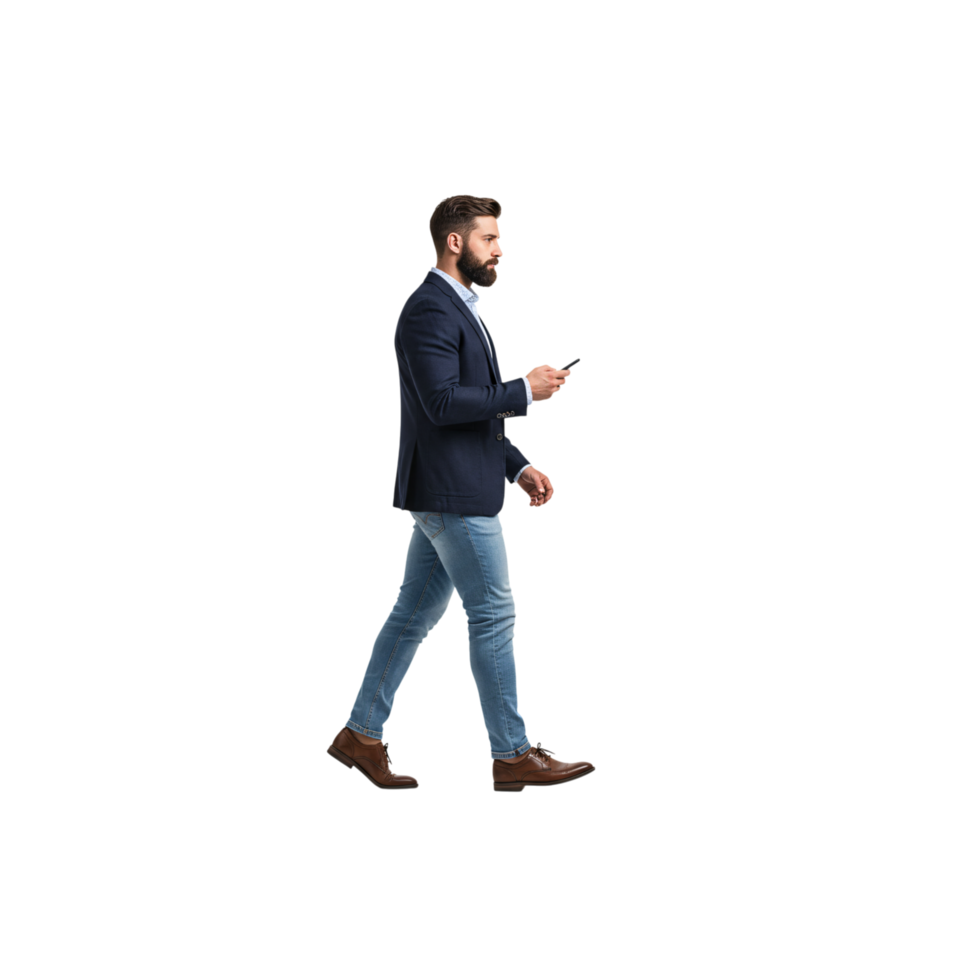 Businessman walking casually while using smartphone, isolated on transparent background png