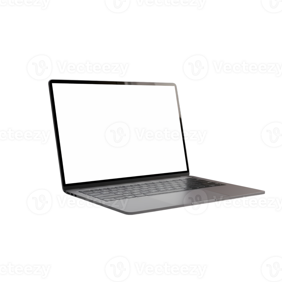 Modern slim open laptop with blank white screen isolated on transparent background, realistic 3D render of a professional portable computer device. png