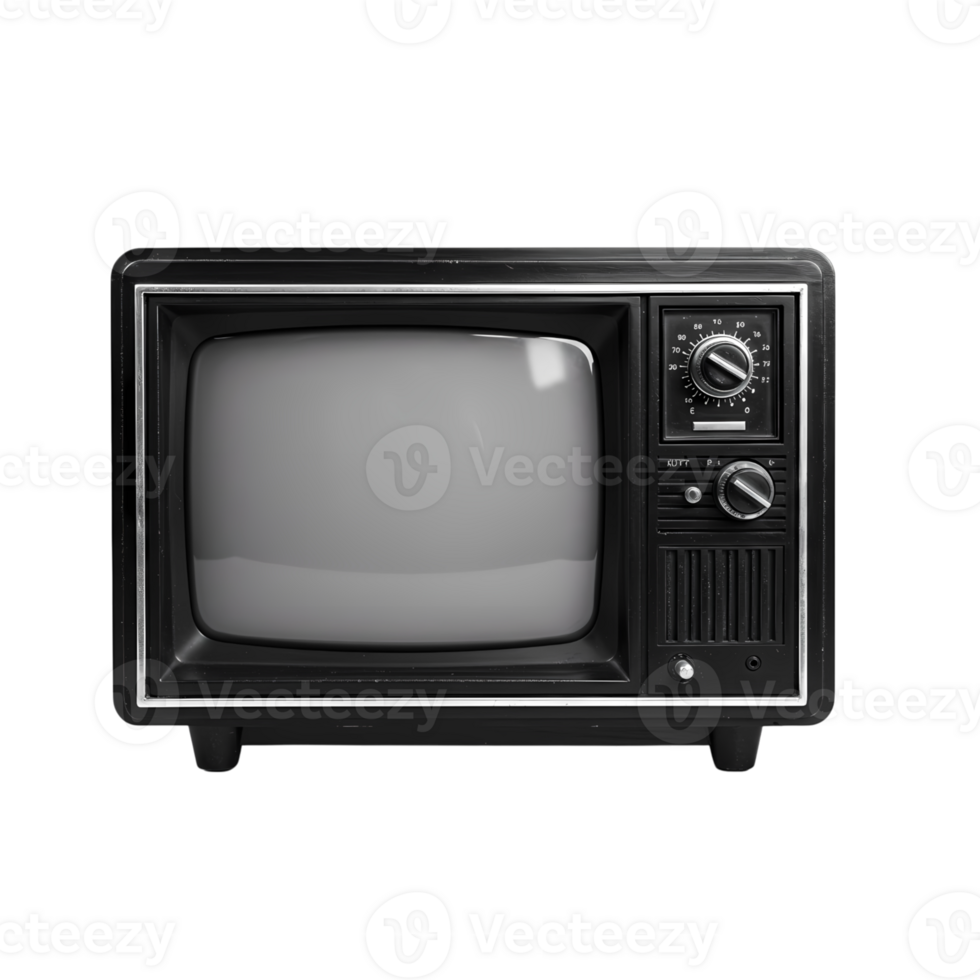 Classic black retro television with front-facing dials and vintage aesthetics, isolated on transparent background, great for media history and design themes. png
