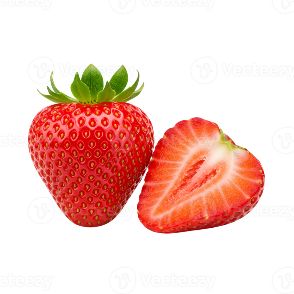 Fresh strawberry with vibrant red skin and juicy texture, whole and halved, isolated on transparent background, ideal for food and health concepts. png