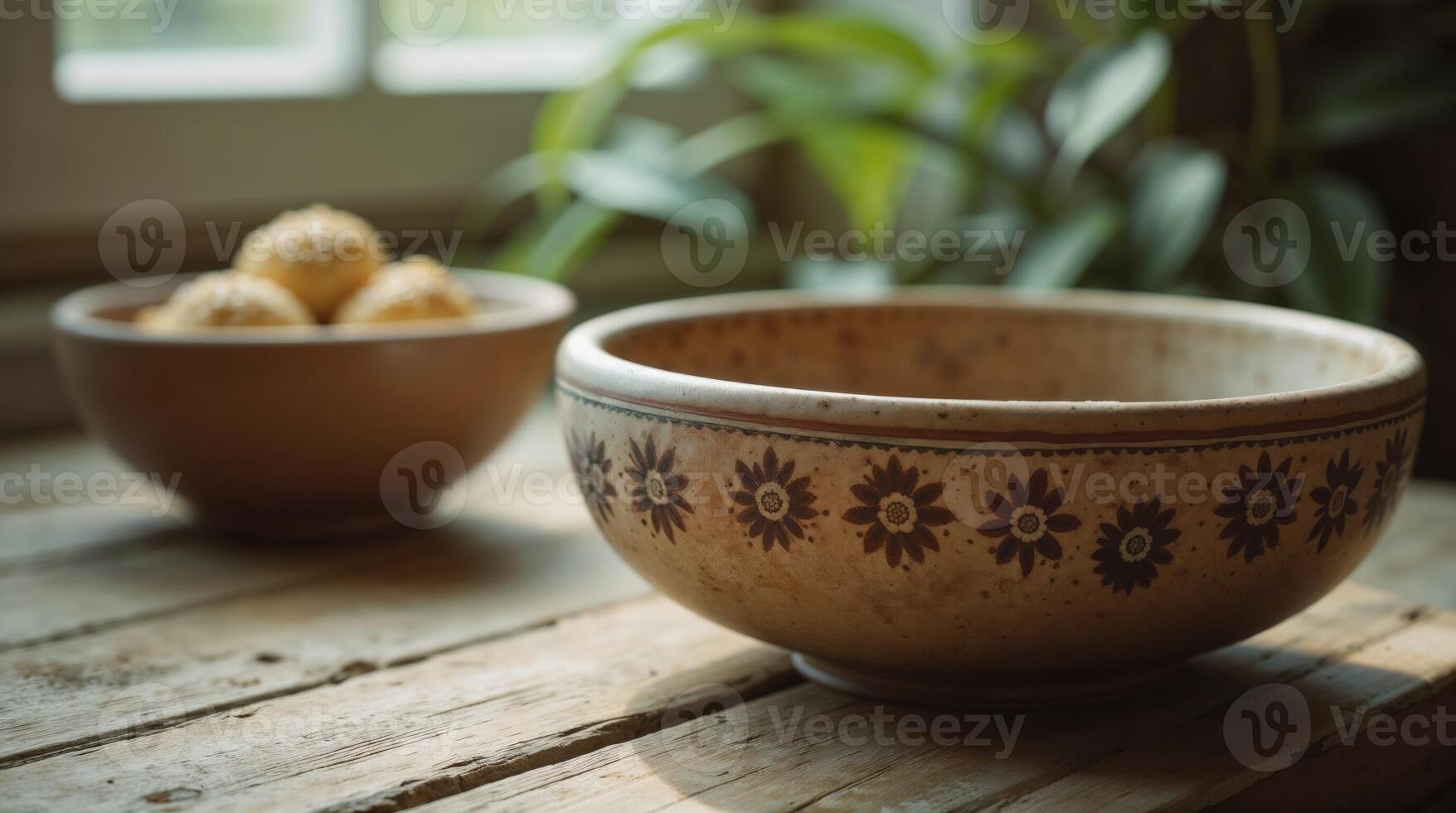 Rustic ceramic bowls with floral pattern on wooden table photo