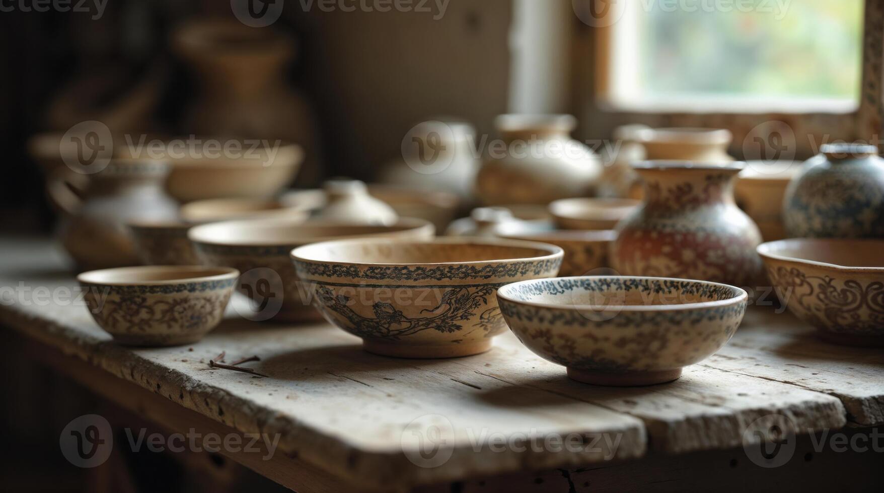 Rustic handcrafted ceramic bowls on a wooden surface photo