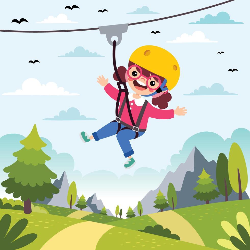 Little Girl Making Zipline At Nature vector