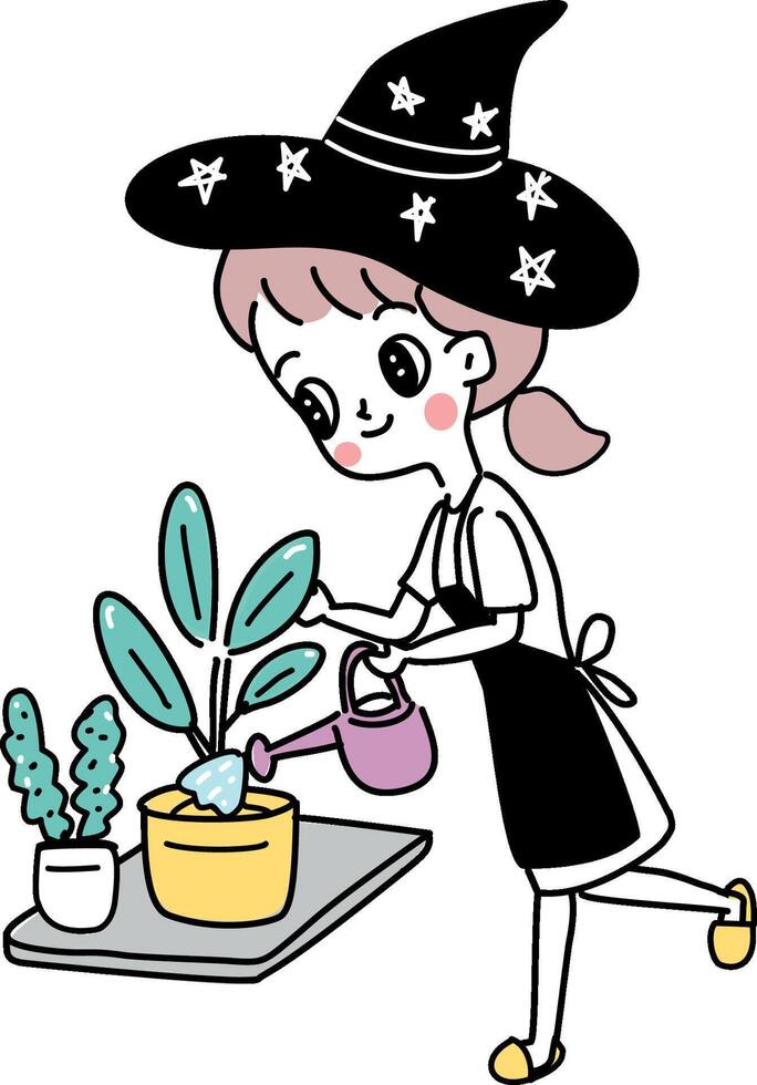 Woman with witch hat watering plants vector
