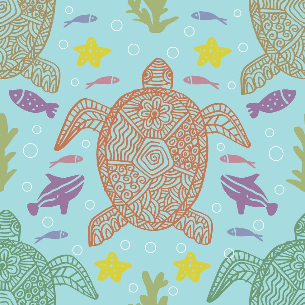 Seamless pattern with sea turtles and starfishes. vector