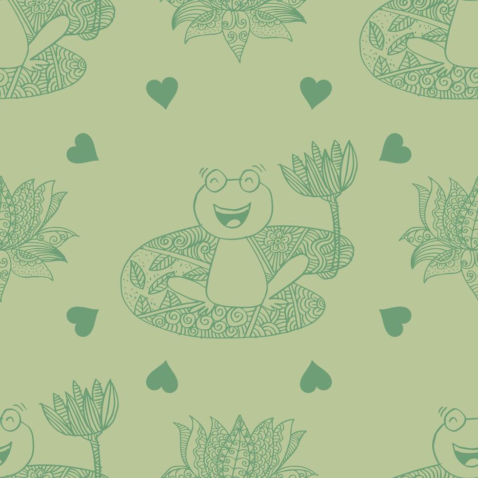Seamless pattern with frog and lotus. Green background. vector