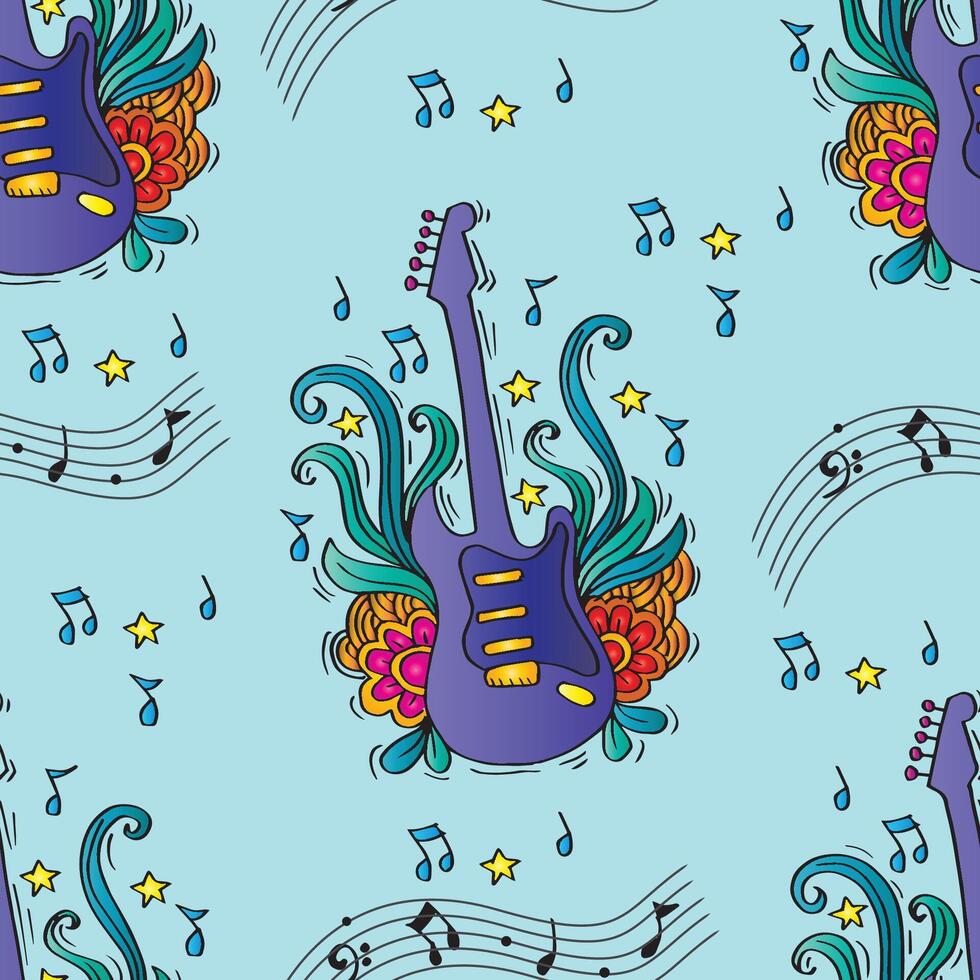 Seamless pattern with musical notes and electric guitar. vector
