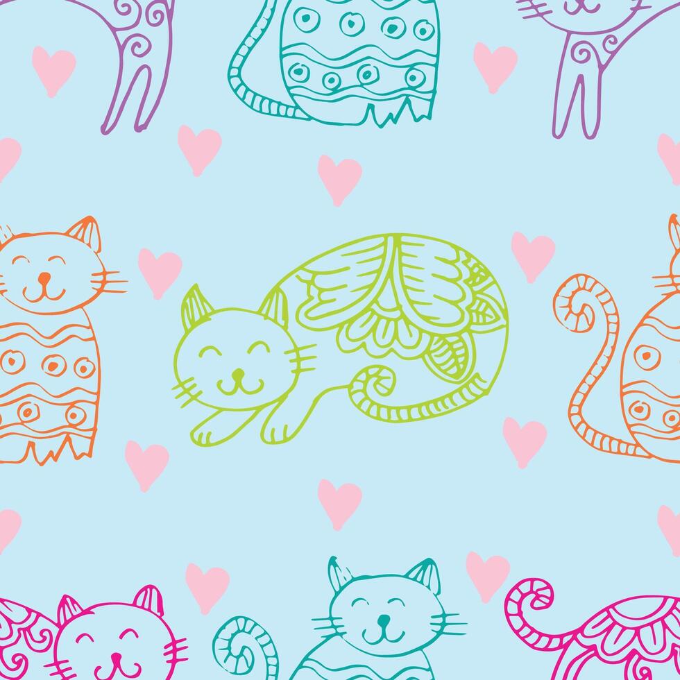 Seamless pattern with cute cats and hearts on blue background.. vector