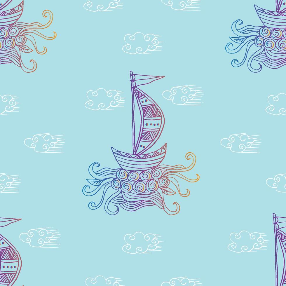 Dreamy hand-drawn sailing boat illustration with clouds and waves vector