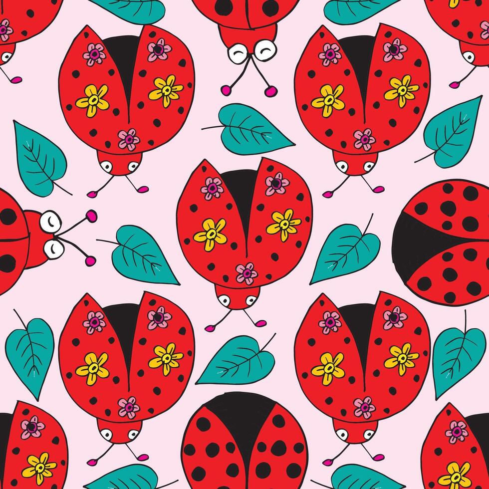 Seamless pattern with ladybugs and leaves. Pink background. vector