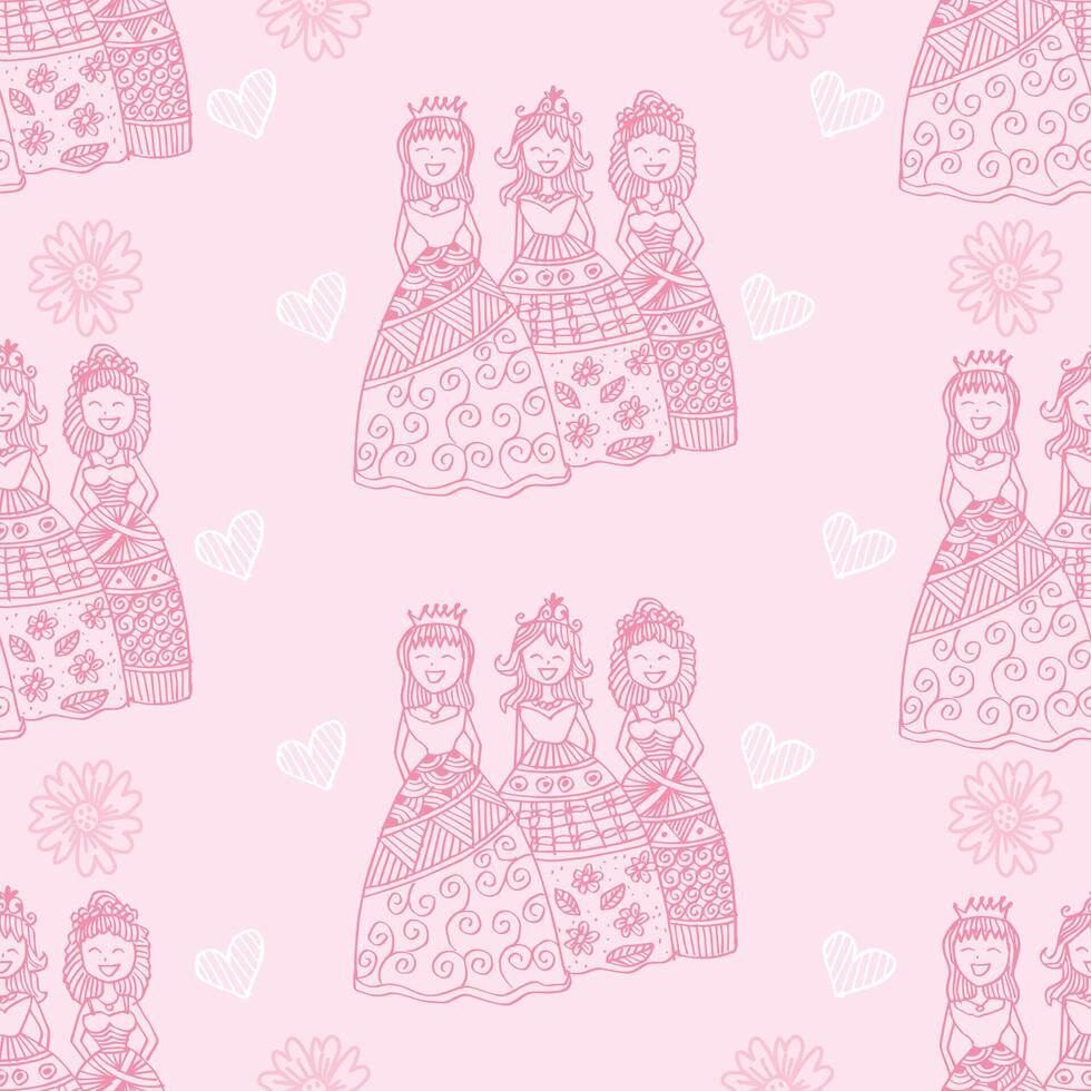 Seamless pattern princesses charming with hearts and floral elegance vector