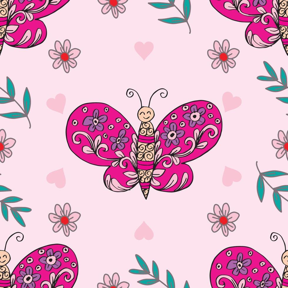 Seamless pattern with butterflies on pink background vector
